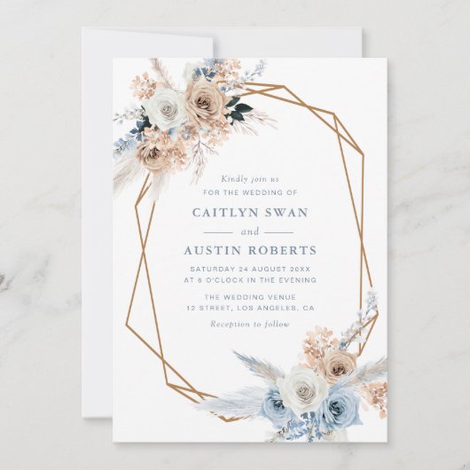 pampass boho dusty blue geometrisch bruiloft kaart (Voorkant)