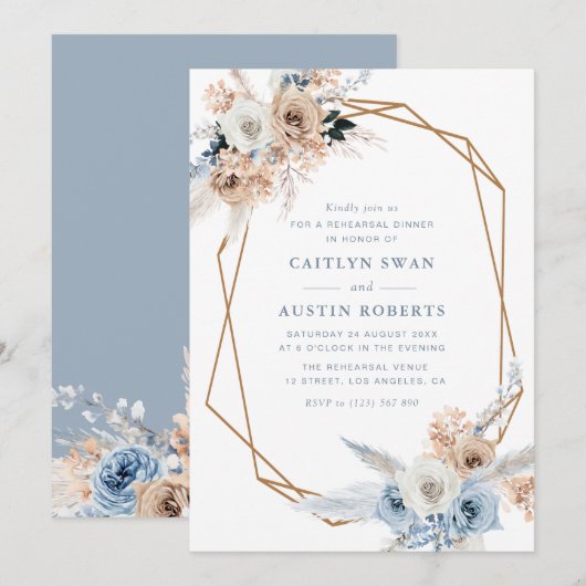 Pampass Boho Dusty Blue trouwrepetitie Kaart (Voorkant / Achterkant)