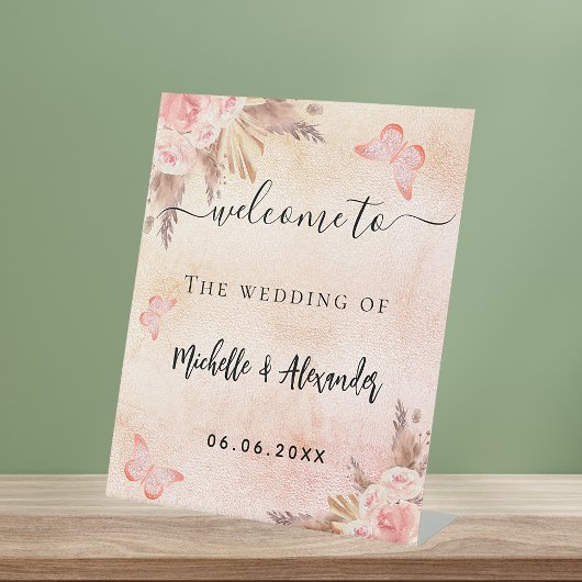 Pampas's florale vlinders welkom bruiloft reclamebord met voetstuk