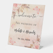 Pampas's florale vlinders welkom bruiloft reclamebord met voetstuk (Voorkant)