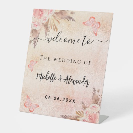 Pampas's florale vlinders welkom bruiloft reclamebord met voetstuk (Voorkant)
