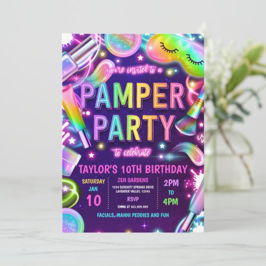 Pamper Party Glow Neon Spa Make-up Verjaardagsfees Kaart (Staand voorkant)
