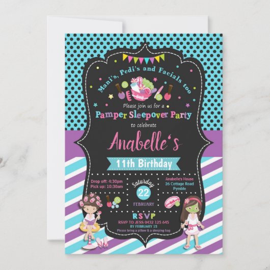 Pamper Sleepover Party Birthday Invitations Girls Kaart (Voorkant)