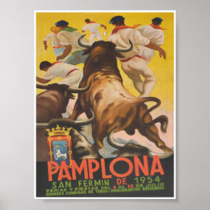 Pamplona Spain Running of the Bulls Vintage Travel Poster