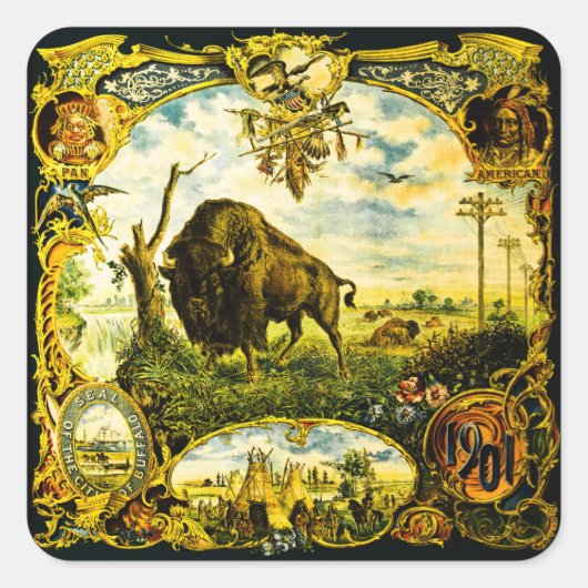 Pan Am Expo met Bison en Indiaanse motifs Vierkante Sticker (Voorkant)