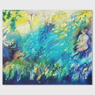 PAN SPEELT VLOOT EN DEER IN GROENE WOODLAND   CADEAUPAPIER