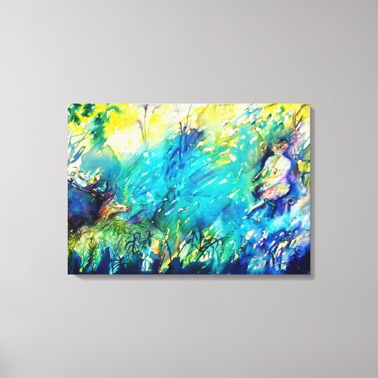 PAN SPEELT VLOOT EN DEER IN GROENE WOODLAND CANVAS AFDRUK (Voorkant)