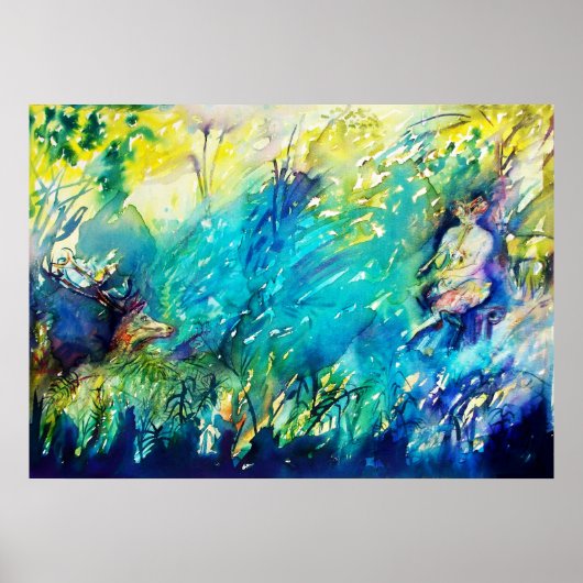 PAN SPEELT VLOOT EN DEER IN GROENE WOODLAND POSTER (Voorkant)