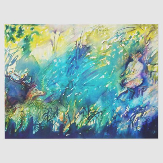 PAN SPEELT VLOOT EN DEER IN GROENE WOODLAND TISSUEPAPIER (Voorkant)