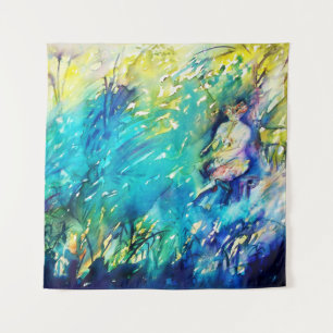 PAN SPEELT VLOOT EN DEER IN GROENE WOODLAND WANDKLEED