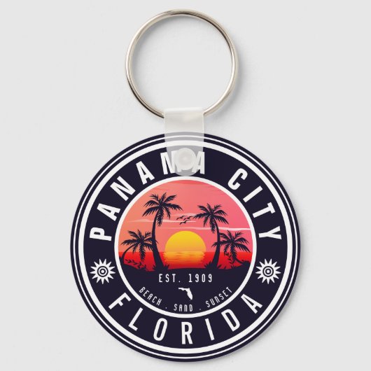 Panama City Beach Florida Retro Zonsondergang Palm Sleutelhanger (Voorkant)