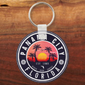Panama City Beach Florida Retro Zonsondergang Palm Sleutelhanger (Achterkant)