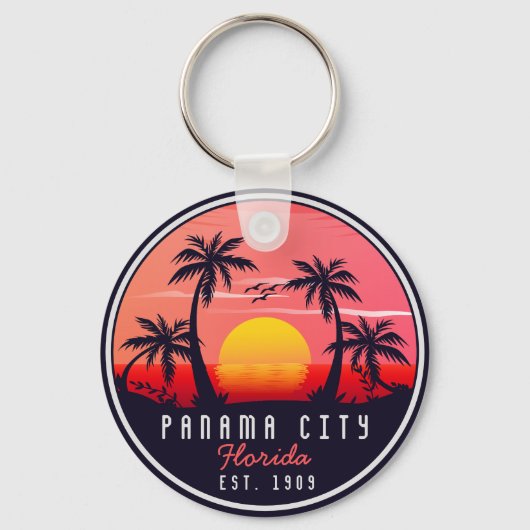 Panama City Beach Florida Retro Zonsondergang Palm Sleutelhanger (Voorkant)