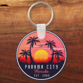 Panama City Beach Florida Retro Zonsondergang Palm Sleutelhanger (Achterkant)