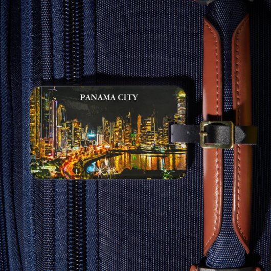 Panama City by Night Waterverf skyline schilderij Bagagelabel (Voorkant Insitu 4)