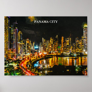 Panama City by Night Waterverf skyline schilderij Poster