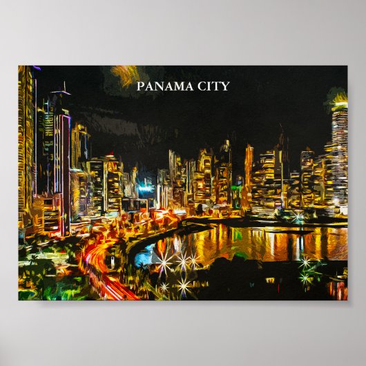 Panama City by Night Waterverf skyline schilderij Poster (Voorkant)