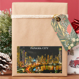 Panama City by Night Waterverf skyline schilderij Rechthoekige Sticker