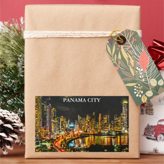 Panama City by Night Waterverf skyline schilderij Rechthoekige Sticker (Feestdagen)