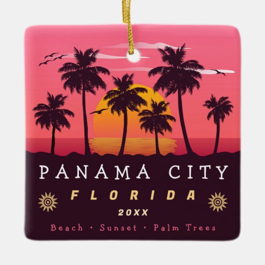 Panama City Florida Retro Zonsondergang Palmboom j Keramisch Ornament (Voorkant)