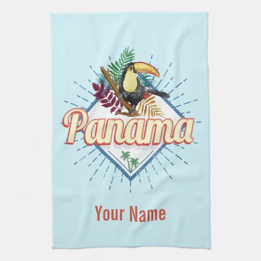 Panama City Toucan Retro Palm Trees  Theedoek (Verticaal)