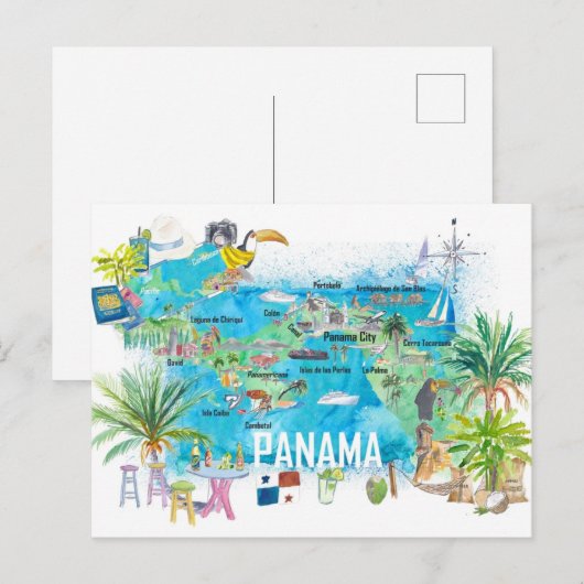 Panama Illustrated Travel Map Briefkaart (Voorkant / Achterkant)