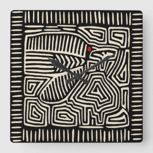 Panama Kuna Indian Mola Pajaro - Black White Vierkante Klok