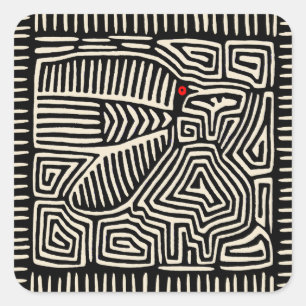 Panama Kuna Indian Mola Pajaro - Black White Vierkante Sticker