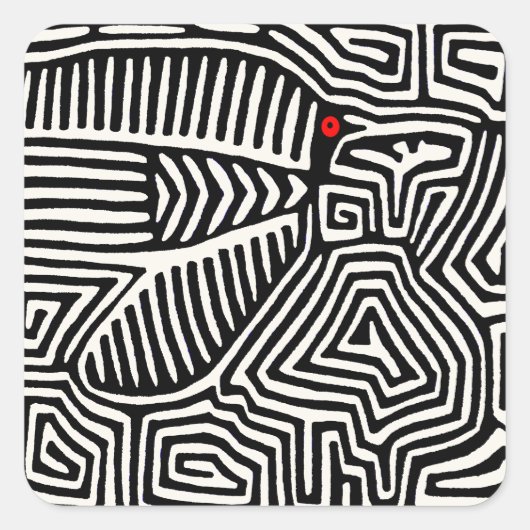 Panama Kuna Indian Mola Pajaro - Black White Vierkante Sticker (Voorkant)