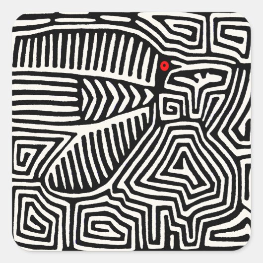 Panama Kuna Indian Mola Pajaro - Black White Vierkante Sticker (Voorkant)