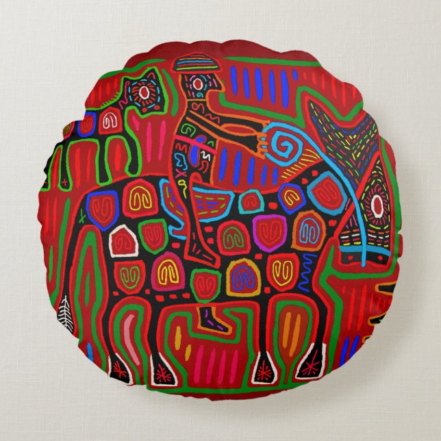 Panama Mola - Red een paardenride als Cowboy Rond Kussen (Voorkant)