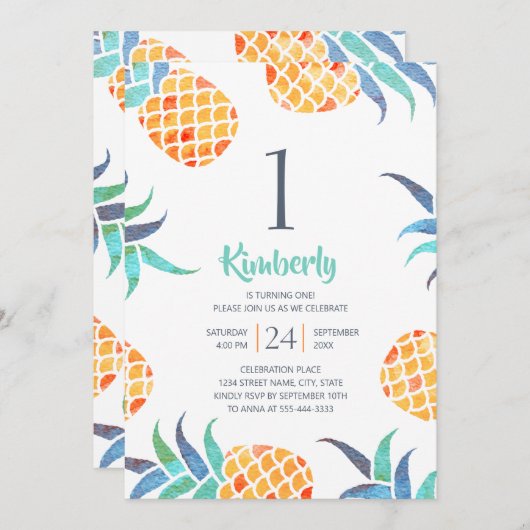 Panananas van de tropische zomer 1e verjaardag kaart (Voorkant / Achterkant)