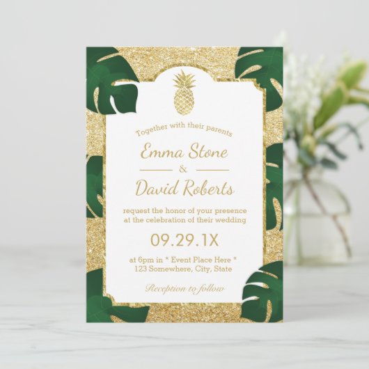 Pananas Tropical Wedding Modern Gold Glitter Kaart (Staand voorkant)