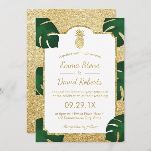 Pananas Tropical Wedding Modern Gold Glitter Kaart (Voorkant / Achterkant)