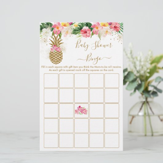 Pananas Tropisch Floral Baby shower Bingo Game (Staand voorkant)
