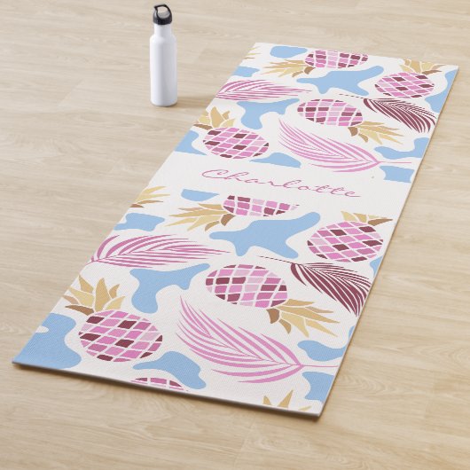Pananassen roze blauwe tropische patroonnaam yogamat (In situ)