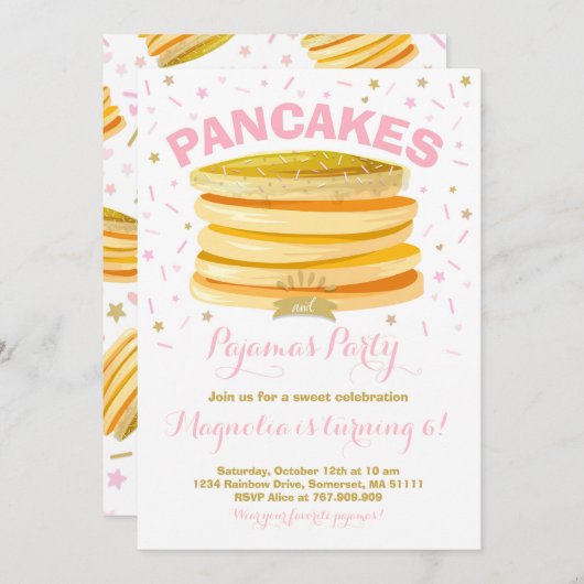 Pancake and Pajamas Birthday Invitation PJ's Party Kaart (Voorkant / Achterkant)
