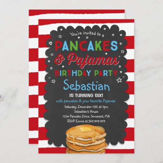 Pancake and Pajamas Birthday Invitation PJ's Party Kaart (Voorkant / Achterkant)