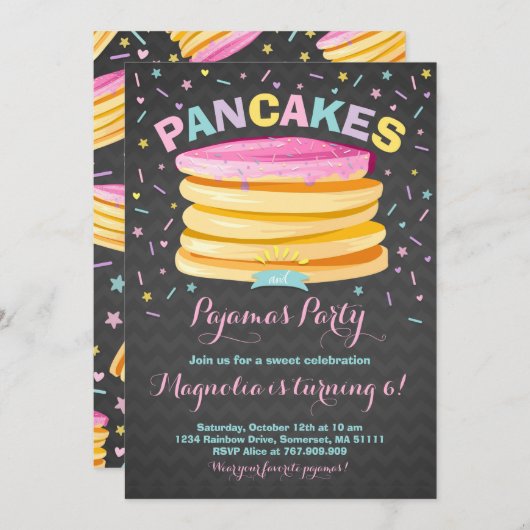 Pancake and Pajamas Birthday Invitation PJ's Party Kaart (Voorkant / Achterkant)