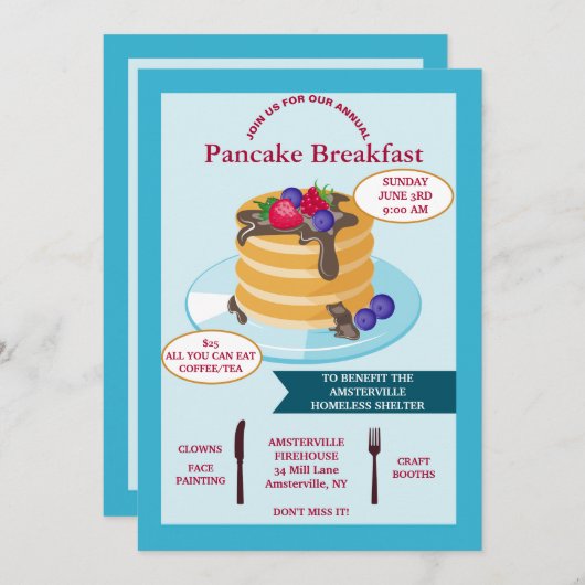 Pancake Breakfast Fundraising-uitnodiging Kaart (Voorkant / Achterkant)