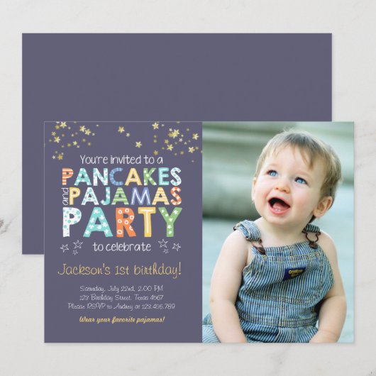 Pancake en Pajamas verjaardagsuitnodiging Blue Kaart (Voorkant / Achterkant)