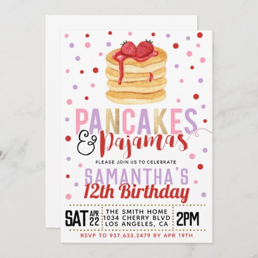 Pancakes and Pajamas Birthday Invitation Kaart (Voorkant / Achterkant)