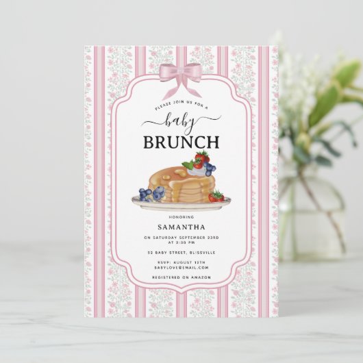 Pancakes Brunch Pink Botanical Baby Shower Kaart (Staand voorkant)