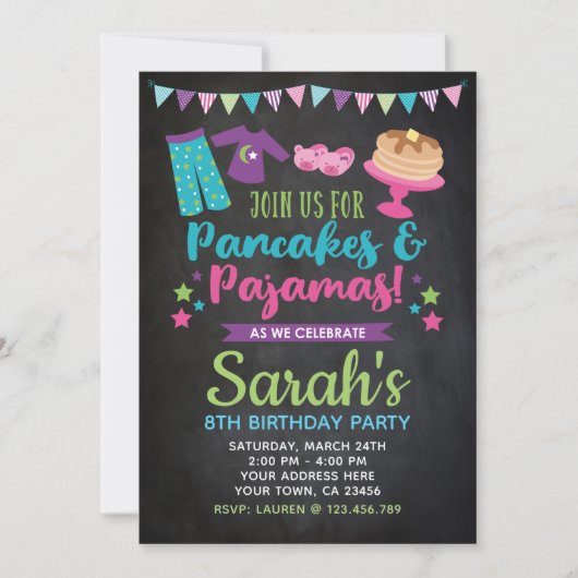 Pancakes en Pajamas Birthday Chalkboard Invite Kaart (Voorkant)