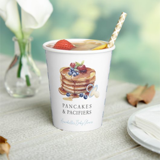 Pancakes & Pacifiers Blue Gingham Boy Baby Shower Papieren Bekers (Insitu)