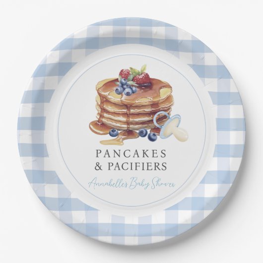 Pancakes & Pacifiers Blue Gingham Boy Baby Shower Papieren Bordje (Voorkant)