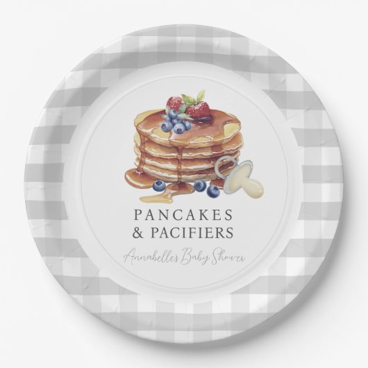 Pancakes & Pacifiers Gray Gingham Baby Shower Papieren Bordje (Voorkant)