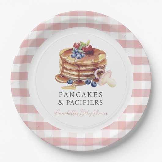 Pancakes & Pacifiers Pink Gingham Boy Baby Shower Papieren Bordje (Voorkant)