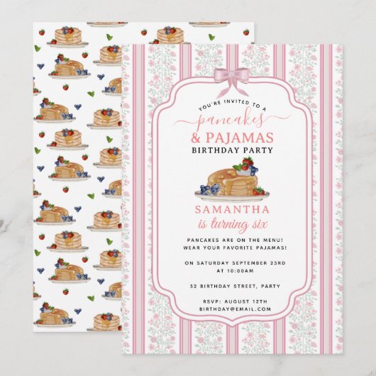 Pancakes Pajamas PJ's Girl Kids Birthday Party Kaart (Voorkant / Achterkant)