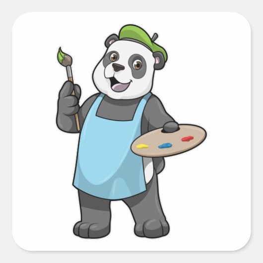 Panda als schilder met penseel en kleur vierkante sticker (Voorkant)